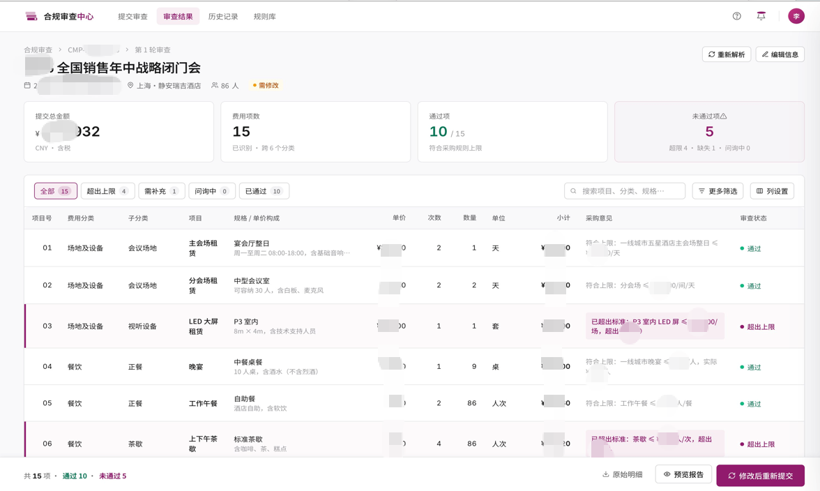 AI FMV Compliance Check 审核台账界面